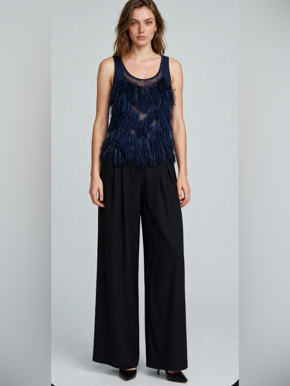 Roz & Ali Navy Eyelash Fringe Tank Top M | Silver Tinsel Sparkle | NWOT Y2K